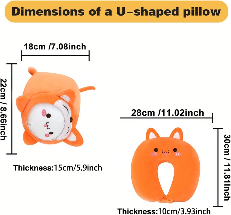 stocaggio Kids Travel Pillow - 2-in-1 Deformable Kids Neck Pillow for Traveling, Soft U-Shaped Pillow with Adorable Animal Design, Comfy Sleep and Play, Ideal for Airplanes and Traveling (QQ Orange Fox) - Image 2